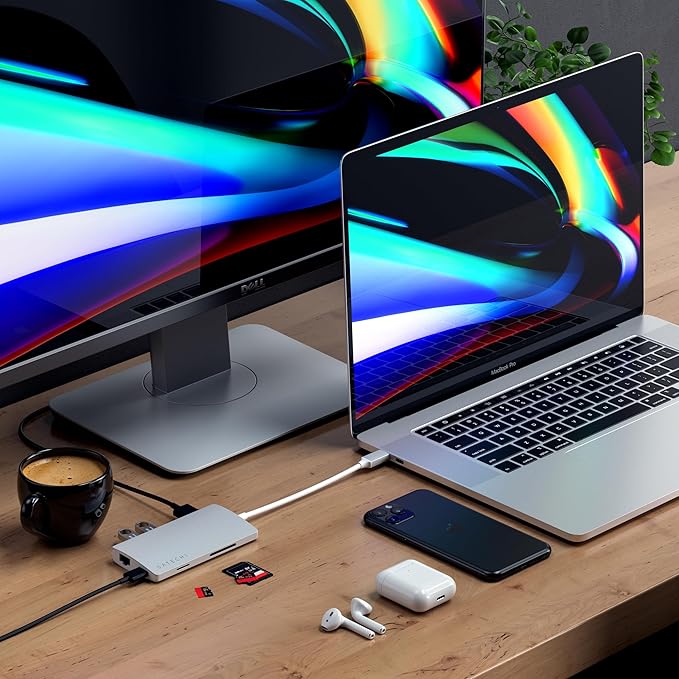 Satechi 8 in 1 USB C Hub Multiport Adapter V2, 4K HDMI, 115W USB C PD Charging, 3 USB-A, Ethernet, Micro/SD Card Readers, for Laptop, MacBook Air/Pro M4, iPad, Windows - Silver