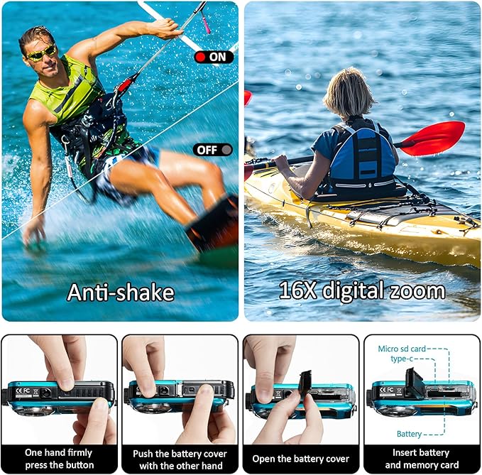 4K Underwater Camera 11FT Waterproof Camera with 32GB Card 56MP Autofocus Dual-Screen Selfie Underwater Camera for Snorkeling Waterproof Compact Floatable Digital Camera 1250mAh Battery Type-C (Blue)