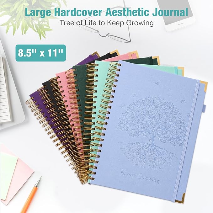 Spiral Notebook, College Ruled Notebook, 8.5" x 11", 300 Pages Leather Journals for Writing, A4 Hardcover Journaling Notebooks for Work School, 24pcs Tabs, Large Embossed Journal for Women Men, Blue