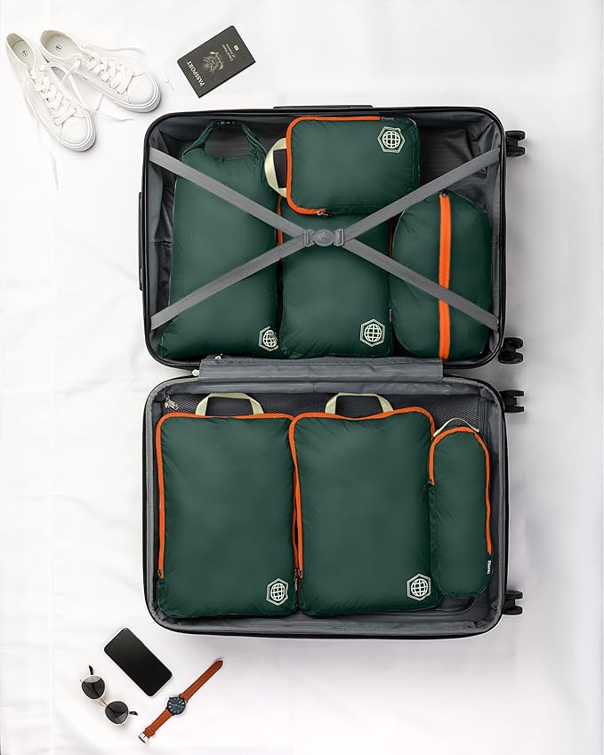 Large Compression Packing Cubes for Travel-Packing Cube Luggage Organizers 7 Piece Set for Checked Luggage-Ultralight, Expandable/Compression Bags by TRIPPED Travel Gear (Green/Orange)