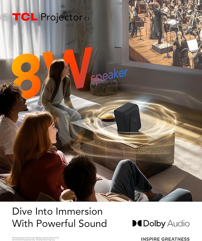 TCL C1 GTV Portable Projector, Native 1080P, Built-in Gimbal, Netflix Officially Licensed, WIFI and Bluetooth, 30,000-Hour Life, Auto Focus, 8W Dolby Digital Audio, 120'' Screen, Ceiling Projection