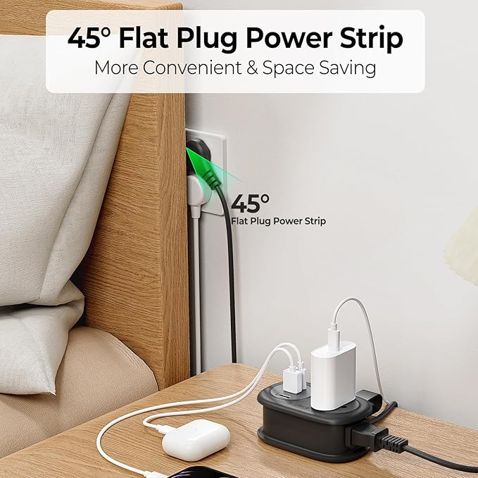 ORICO Travel Power Strip with USB Ports, 3.7 ft Extension Cord with 2 AC Outlets 3 USB Ports (1 USB-C), Flat Plug Power Strip with USB C Cruise Travel Must Haves - Black