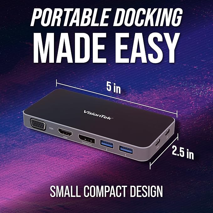 VisionTek VT200 Portable USB-C Dual Monitor Hub - 1x DP, 1x HDMI, 1x VGA, 2X USB-A Ports, 1x USB-C for Windows/MacOS/ChromeOS/iOS