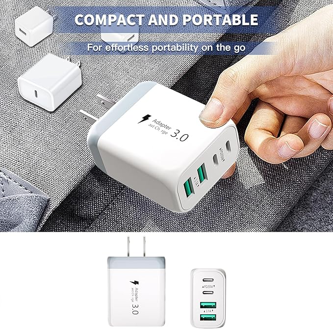 USB C Charger Fast Charging Block,2 Pack 40W PD 4 Port USB C Charger Block Dual Type C Power Adapter+Dual USB-A QC Wall Charging Plug Multiport Brick for iPhone 17/16/15/14/13/12/iPad Pro/Air/Airpods