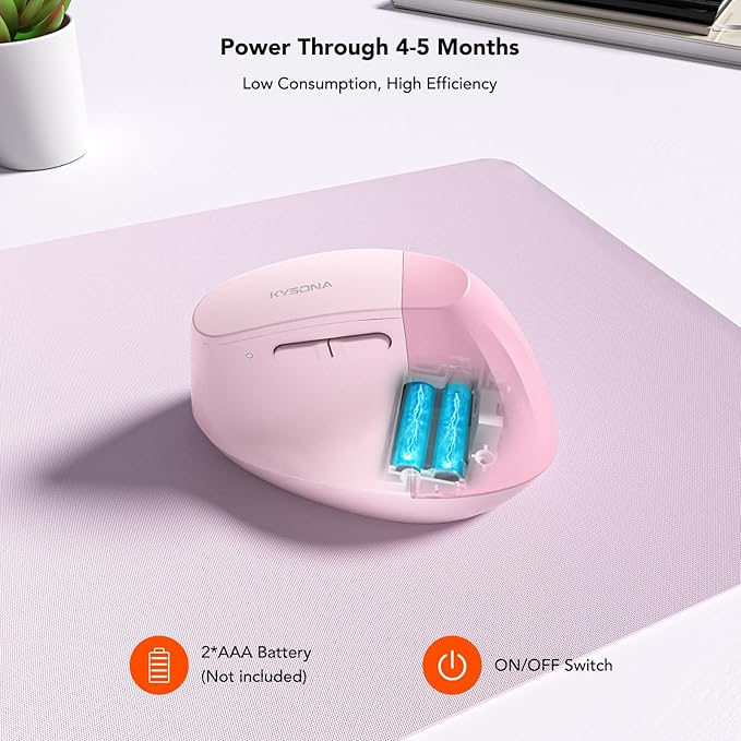 KYSONA EM18 Wireless Ergonomic Vertical Mouse, Ergo Design, Bluetooth Cordless Mouse, Silent Click, 5-Level Adjustable DPI, Carpal Tunnel Mice for Computer, PC, Mac, Laptop, Pink