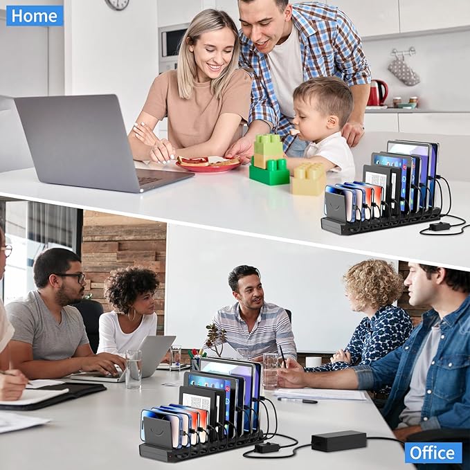 USB Charging Station for Multiple Devices, 10 Port 60W Multiple USB Charger Station with Adjustable Dividers, Fast Charging Station Hub for Hotels, Shops, Schools, Shopping Malls and Travel