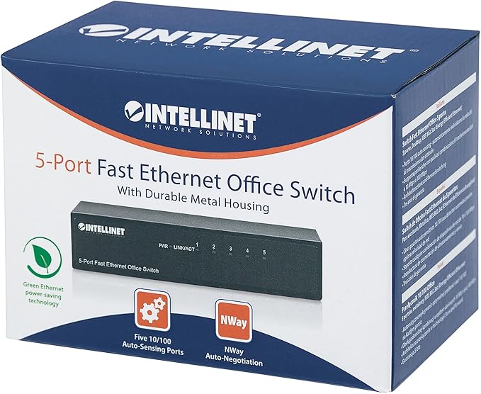 Intellinet 5-Port Fast Ethernet Network Switch - Ethernet Splitter - Unmanaged | Plug & Plug | Durable Metal Housing - for Computer Networking Hub, Desktop – 3 Yr Mfg Warranty – 523301