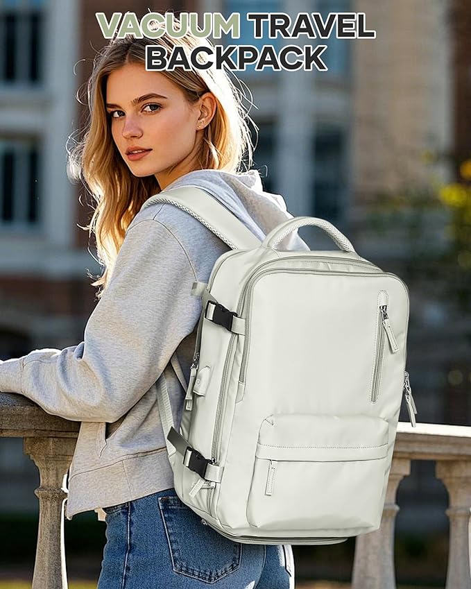 Vacuum Travel Backpack with Pump for Women, Personal Item Carry on Backpacks Flight Approved 18x14x8 inches for Men,Laptop Waterproof Work Compression bags Casual Daypack YYWhite