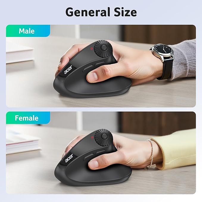 acer Ergonomic Mouse Wireless with Side Scroll Wheel, Bluetooth Mouse for Laptop(BT5.2+2.4GHz), Office Vertical Computer Mice, Right Hand Ergo Mice, 8 Buttons, 2.4GHz USB Receiver for PC and Desktop