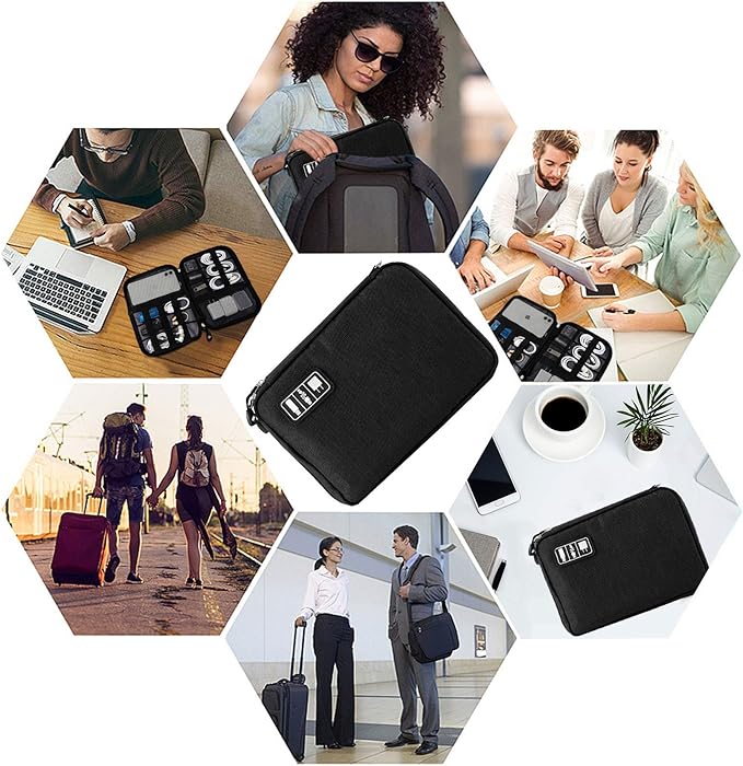 Travel Cable Organizer Bag Waterproof Portable Electronic Accessories Organizer for USB Cable Cord Phone Charger Headset Wire SD Card with 5pcs Cable Ties(Black)