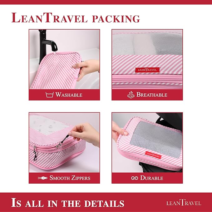 LeanTravel Compression Packing Cubes for Travel Organizers with Double Zipper (6-Pack (2L+2M+2S), Pink Stripes)