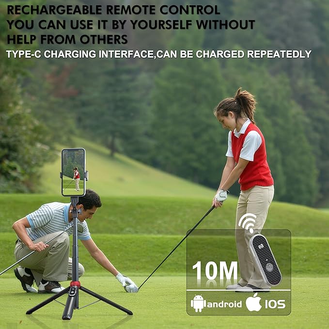61" Magnetic Phone Tripod & Selfie Stick for Golf Training, Extendable Cell Phone Tripod Stand with Wireless Remote and Phone Holder, Golf Training Aid - Compatible with iPhone Android (Black)