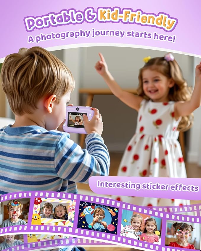 Instant Camera, Front Rear Dual Selfie Kids Camera with 1080P Videos, Holiday Birthday Gifts for Kids Age 3-12, Toddler Portable Travel Print Digital Camera Toy for 4 5 6 7 8 9 Year Boys Girls