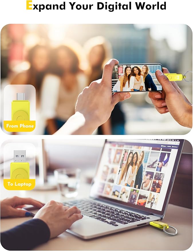 MOSDART 512GB USB3.1 Fast Speed C and A Dual Flash Drive, exFAT Memory Stick with Keychain and LED Indicator, for iPhone 15 and 16, Android Phone, iPad, MacBook, and Other Laptops,Yellow