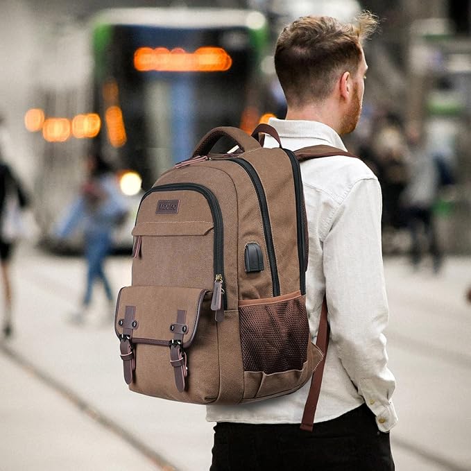 Mactso Canvas Travel Laptop Backpack for Men Women, Business Work Rucksack College Computer Bag Fits 17.3 Inch Notebook,Bookbag with USB Charging Port (Coffee, 17.3 Inch)