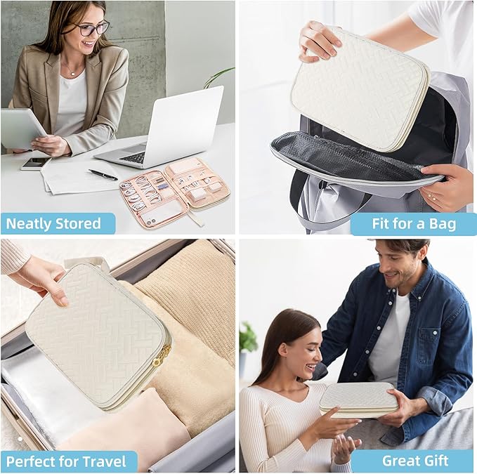 Electronics Organizer Travel Case, Charger Bag Cord Organizer Travel, All-in-One Cable Organizer Bag for Charger, Cords, Phone, Headphones, Flash Drive, SD Card (Beige, Large-Double Layer)