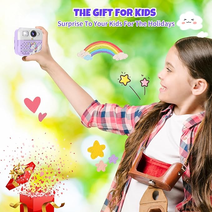 Kids Instant Print Camera, 1080P Children Printable Cameras Christmas Birthday Gifts for Girls Age 3-10, Toddler Toys for 3 4 5 6 7 8 9 10 Year Old Boys with 3 Roller Photo Paper (Purple)
