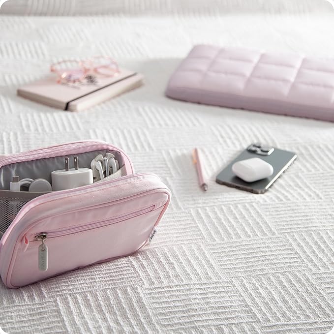 U Brands Dual Zip Canvas Tech Organizer Pouch, 7.8" x 5" Cord Organizer, Computer Accessories, Travel Essentials, Travel Gifts for Men Who Have Everything, Electronics, Petal Pink