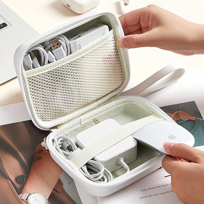 Charger Case for Macbook, Portable Tech Electronic Organizer Bag,Travel Storage Pouch for Laptop Accessories, MacBook Power Adapter, Charging Cords, USB Drives, Power Bank (White, L)