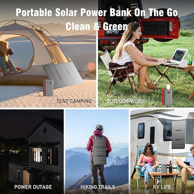 ZeroKor Portable Power Bank with AC Outlet 65W 110V External Battery Pack, 24000mAh Portable Laptop Charger with Foldable Solar Panel Charger 30W for Outdoor Smart Device Camping RV Trip Off Grid-Red