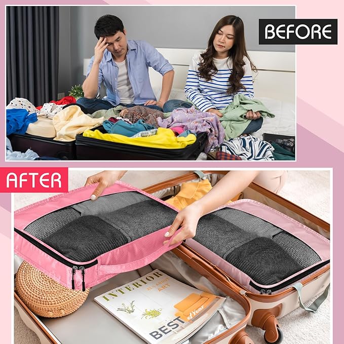 5 Pcs Packing Cubes for Suitcase Large Travel Cubes Carry on Luggage Organizer Bags for Clothes Accessories(M,Pink)