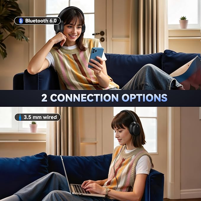 Hybrid Active Noise Cancelling Headphones, Over Ear Bluetooth 6.0 Wireless Headphones, 50H Playtime, Deep Bass, HiFi Stereo Sound, Lightweight Foldable for Travel, Home and Office(Black)