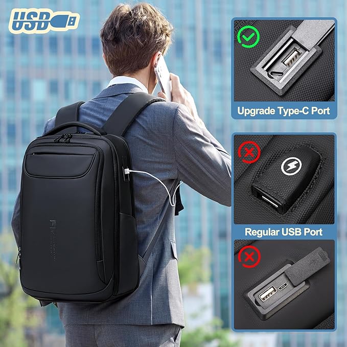 FENRUIEN Expandable Travel Backpack 15.6 Inch, Water Resistant Backpack with USB Charging Port, Black Laptop Bag for Work/Commuter/College