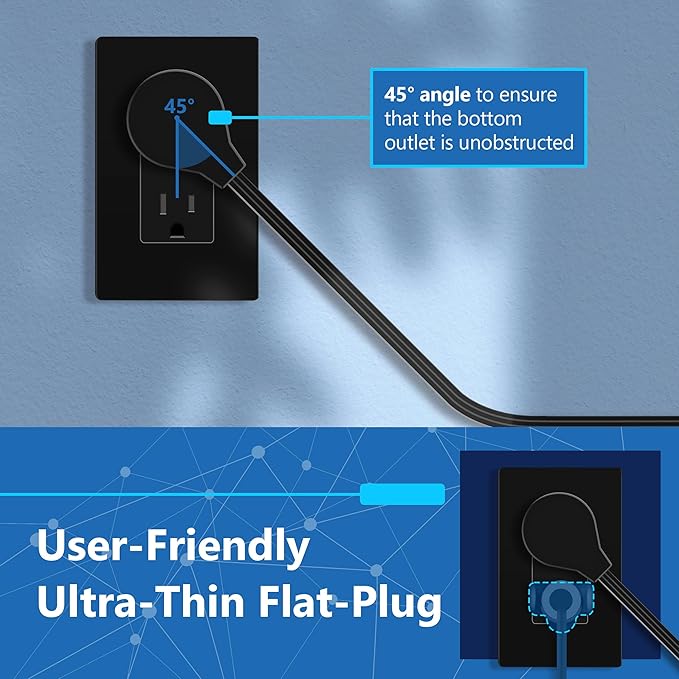 LIDER Outlet Extender with 3 Receptacles, USB Type-A and 2 USB Type-C Port, Ultra-Thin Flat-Plug with Cord Extender, 3-Outlet Power Strip, Slim Angled Design, UL-Listed, 5ft Cord, Black