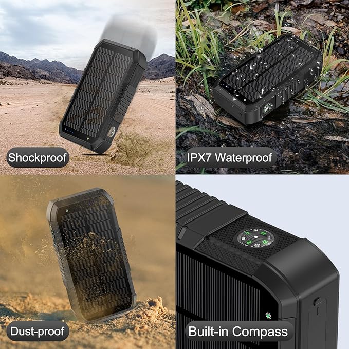 Solar Power Bank 66800mAh Built in Hand Crank and 4 Cables 22.5W Fast Charge,Camping Essentials/SOS/Strobe/Strong Flashlights,Compass Solar Portable Charger Power Bank (Black)