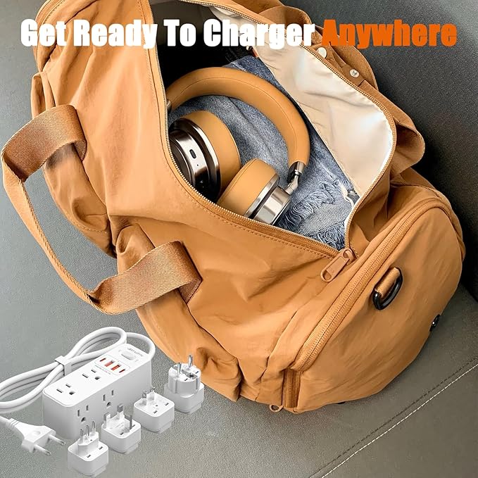 European Travel Plug Adapter,WRXDMC Universal Power Adapter for EU UK DE JP,6 AC Outlets,4 USB Ports with 5ft Extension Cord,International Power Strip,Compact for Travel,Cruise Ship Must Have