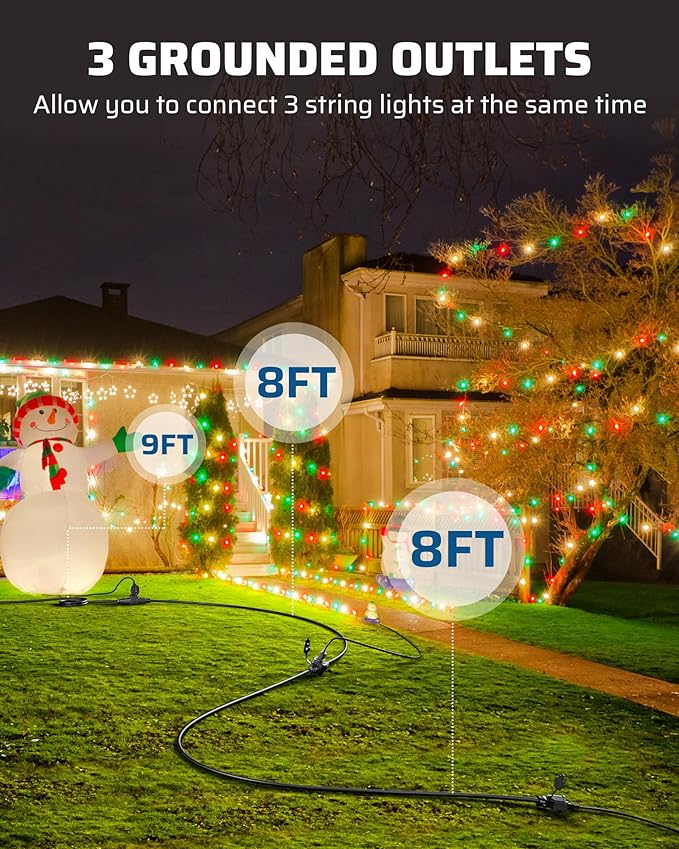 DEWENWILS 25Ft Outdoor Extension Cord Multiple Outlets, Evenly Spaced 3 Outlets Plugs with Safety Cover, 16/3 SJTW Weatherproof Wire for Outdoor String Lights and Holiday Decorations, UL Liste