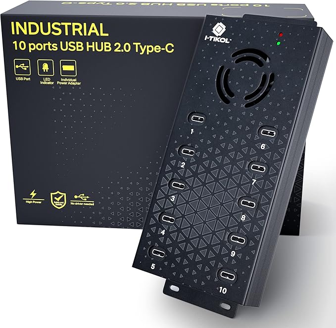 USB 2.0 Hub Type-C Multi Safety 10 Ports Powered, with AC Adapter, Aluminum USB Splitter with Cooling Fan - Type C for Laptops & PC, PC,Flash Drives, HDD, Hard Drive, Mouse, XPS, Xbox, Keyboard