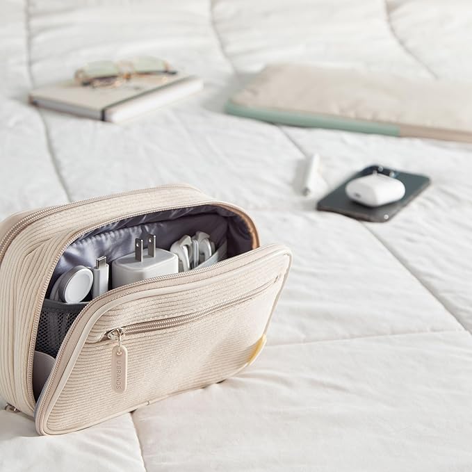 U Brands Dual Zip Corduroy Travel Electronics Organizer, Tech Travel Case, Portable Travel Bag, Cord Storage, 8" x 5.25" x 2.5", Sand Beige