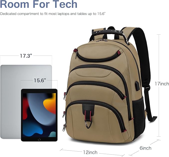 Boavan Laptop Backpack for men, 15.6 inch Laptop Bag with USB Port, Waterproof Travel Work Backpack Purse, Anti-Theft Teacher Nurse Doctor Casual Bookbags Office Business backpack,Khaki