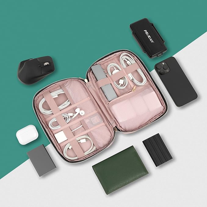 Pavilia Tech Organizer Case - Cable & Charger Storage, Travel Accessories - Pink Quilt