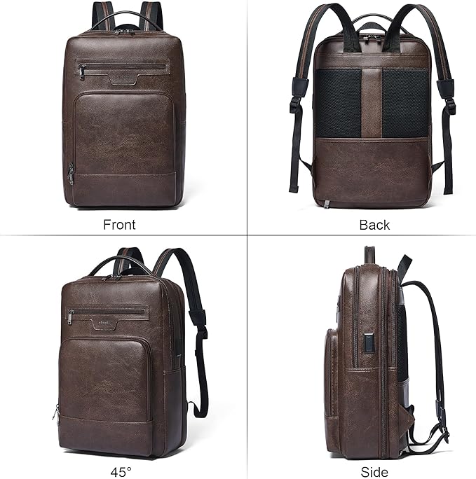 Shrrie Leather Laptop Backpack for Women and Men,28 L Travel Backpack Computer Bag Fits 16 inch Laptop,Expandable Casual Daypack with USB Charging Port for Work Business Weekender College,Coffee