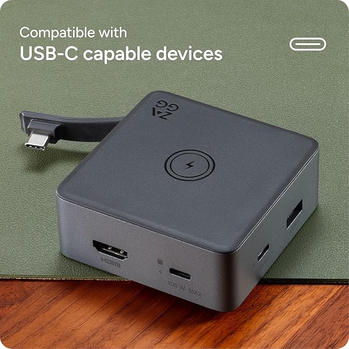 ZAGG 4-Port Hub with Wireless Charging - USB-C PD 100W, HDMI 4K, USB 10Gbps, High-Speed Charging & 4K Display, for Travel, Compatible w/Windows, macOS, iPadOS, ChromeOS, Android