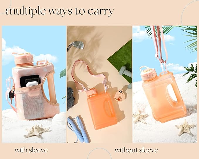 H2O Capsule Half Gallon Cube Square Water Bottle value pack - 2.2L Water Bottle with Strap, 2 Storage Sleeves, Covered Straw Lid – BPA Free Reusable Sports Water Jug with Handle, (68 Ounce)