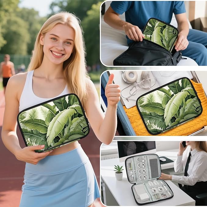 Tropical Plant Leaves Electronics Travel Organizer Case, Tech Accessories Cable Storage Bag for Cords, Charger, Phone, Hard Drive