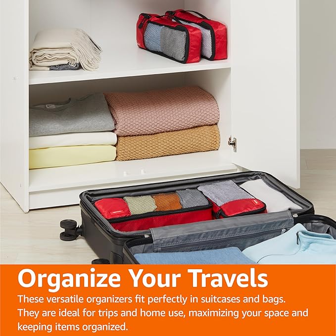 Amazon Essentials 4-Piece Packing Cubes Travel Accessories Set, Luggage Organizer with Double Zipper, Mesh Top, 100% Polyester, Slim, Red (Previously Amazon Basics)