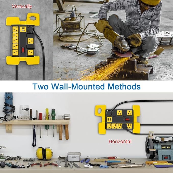 Heavy Duty Power Strip with USB, Workshop 8 Outlet Surge Protector 2700 Joules, Industrial Metal 15Amp Power Strip, 15 FT Extension Cord and Wide Spaced Black.