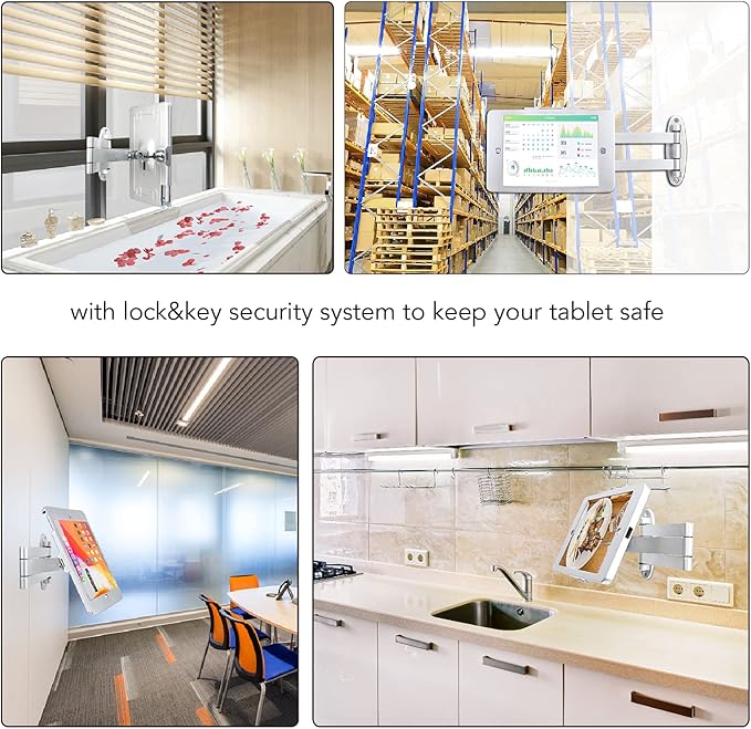 Tablet Wall Mount Bracket with fold for iPad 10.2-Inch (9th,8th,7th Gen.), Extend Adjustable Arm Swivel with Anti Theft Security Lock and Key, Multi Angle, Rotate Design,Metal (Silver)