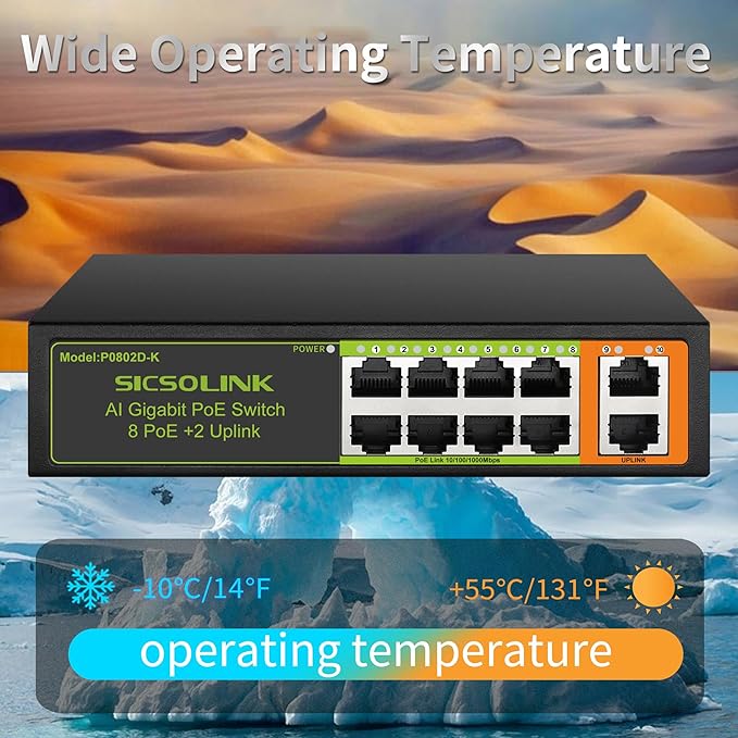 Gigabit 10-Port PoE+ Switch (8 PoE+ Ports, 2 Uplink), 802.3af/at, 120W Total Power, 1000Mbps, Unmanaged, Fanless, Metal Plug and Play, Suitable for IP Cameras, Networking Devices & Home Office.