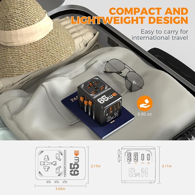 TESSAN Universal Travel Adapter, GaN 65W International Plug Adaptor with 4 USB(2 USB C) Charging Ports, Worldwide Power Outlet for US to European EU UK AUS Ireland(Type C/G/A/I)
