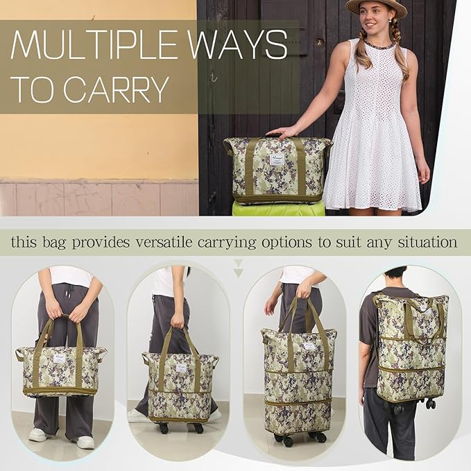 VOOWO Duffel Bag with Wheels - Rolling Foldable Expandable Duffle Bag with Wheels for Travel, Rolling Luggage Carry On Bag with Wheels, Large Rolling Backpack Weekend Bags for Men Women (Camouflage)