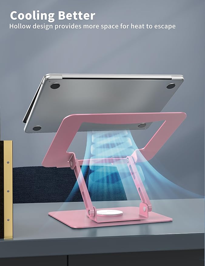 SOUNDANCE Laptop Stand with 360° Rotating Base, Ergonomic Computer Riser for Desk, Adjutable Height Muti-Angle, Foldable Laptop Mount, Stable Metal Holder Support 10-15.6" Notebook PC, Pink