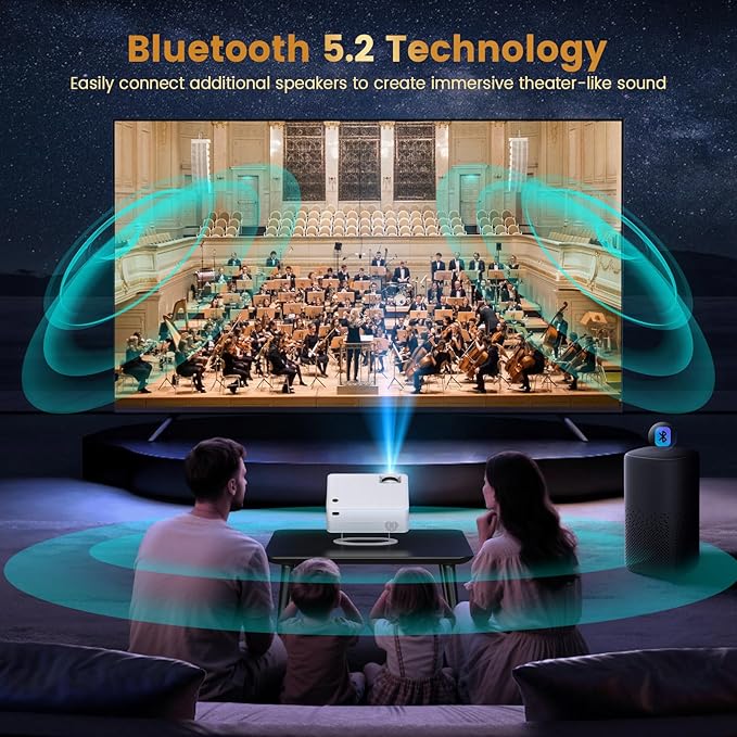 Mini Portable Projector with Wifi and Bluetooth, Native 1080P Full HD Smart Projector , 300 ANSI, Compatible with Smartphone, HDMI, USB for Home, Bedroom, Outdoor Use (White)