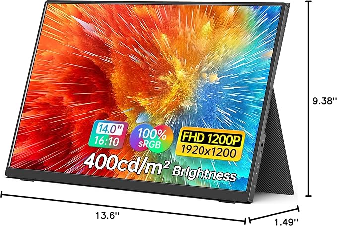 MNN Portable Monitor 14 inch FHD 1920 * 1200P USB C HDMI Ultra-Slim IPS Travel Display w/Speakers, HDR Plug&Play, External Monitor for Laptop PC, Phone,Mac(400cd/m² Brightness)