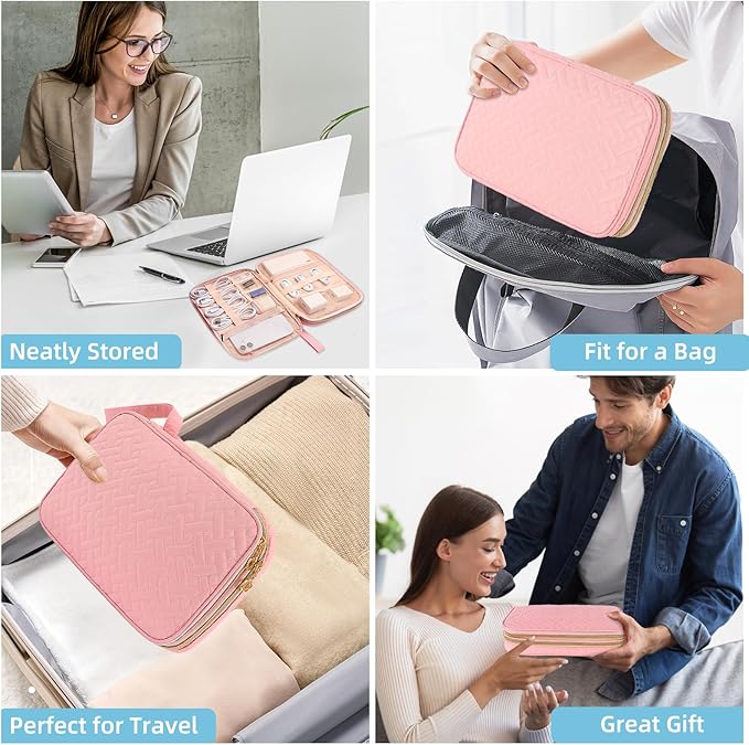 Electronics Organizer Travel Case, Charger Bag Cord Organizer Travel, All-in-One Cable Organizer Bag for Charger, Cords, Phone, Headphones, Flash Drive, SD Card (Pink, Large-Double Layer)