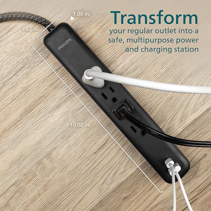 Philips 4-Outlet Surge Protector, 4ft Braided Cord, 1-USB-C, 1-USB-A, Extension Cord, Power Strip, for Home, School, or Office, 15W, 450J, Black, SPP3393B/37